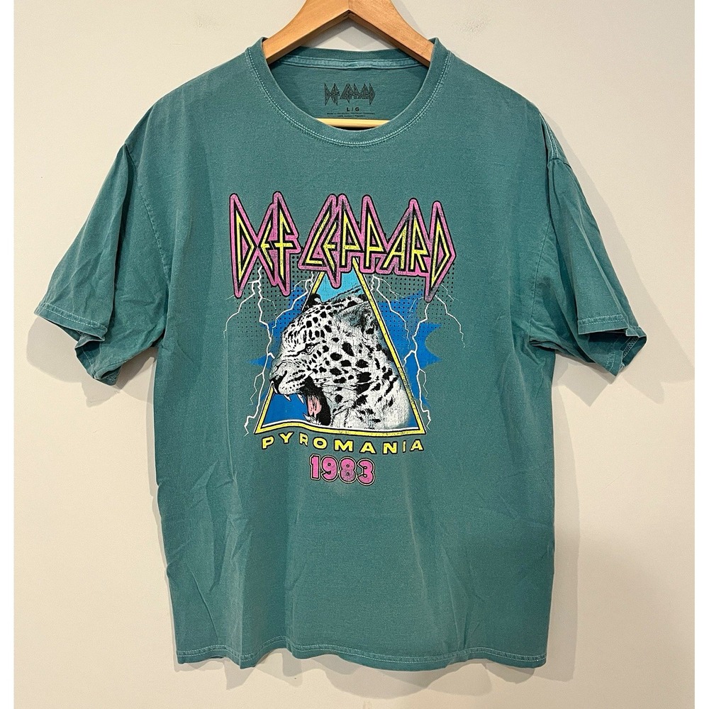 Def Leppard Pyromania 1983 Graphic Logo Green Cotton Jersey Tee L